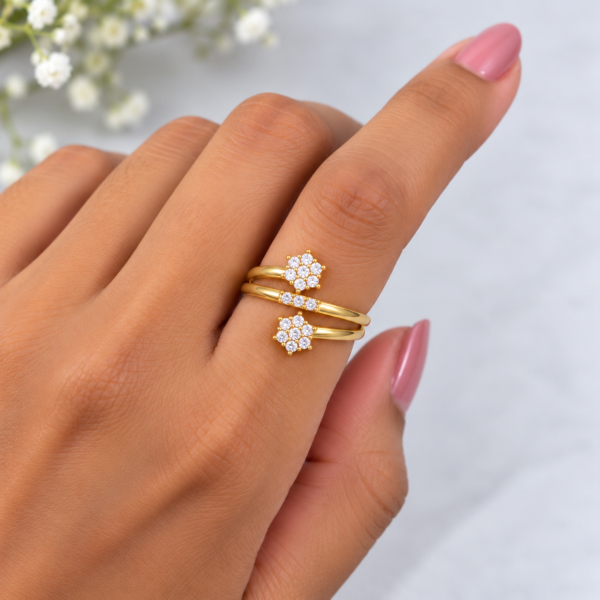 White Stone Floral Gold Finish Ring