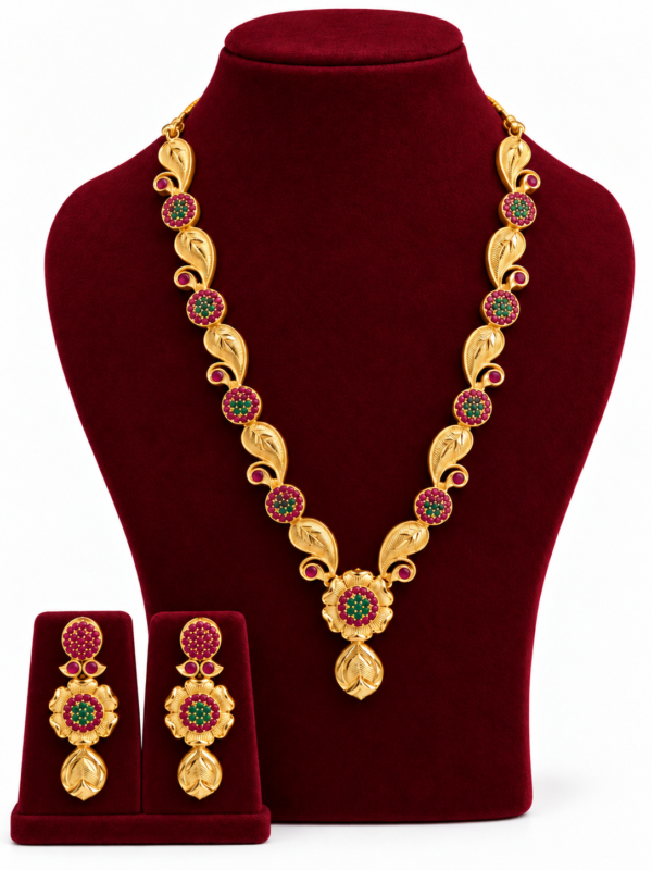 Ruby & Green Stone Mango Necklace Set – 1 Gram Gold Finish