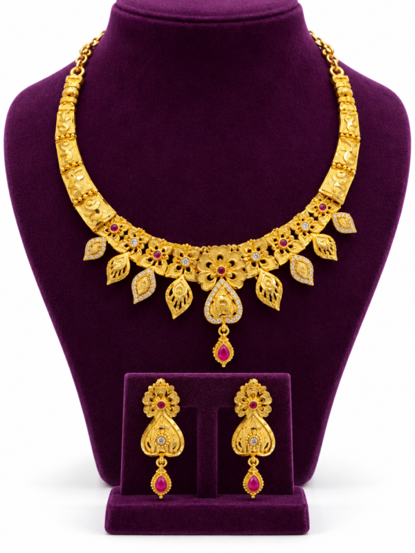 Floral Ruby Stone Necklace Set with Earrings – 1 Gram Gold Finish