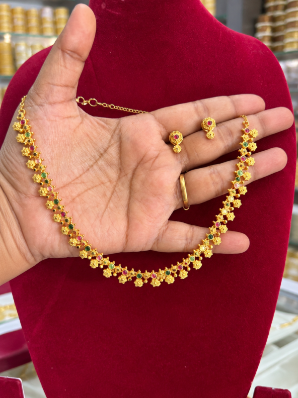 Ruby & Green Floral Gold Finish Necklace Set with Earrings