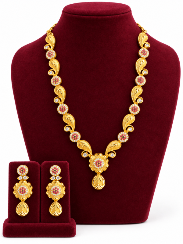 Ruby & Green Stone Mango Necklace Set – 1 Gram Gold Finish