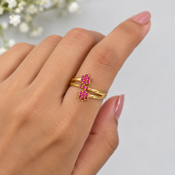 Ruby Pink Stone Floral Adjustable Spring Ring